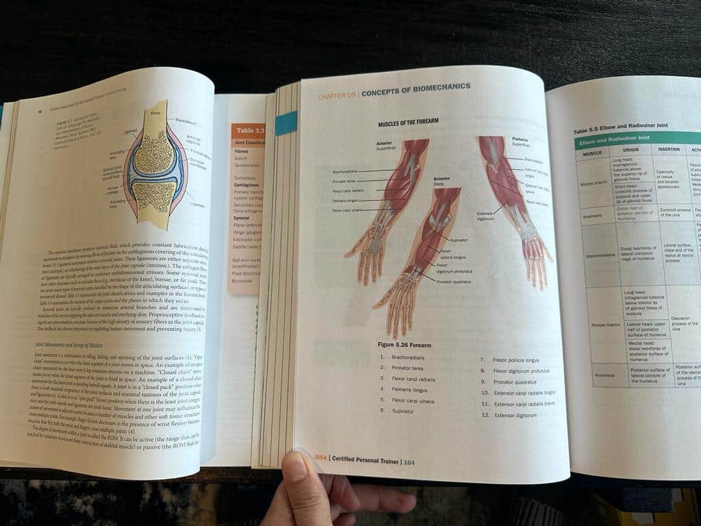 ISSA vs ACSM - Which Fitness Certification is Best? 49 ACSM and ISSA textbooks open to biomechanics page - which CPT is best