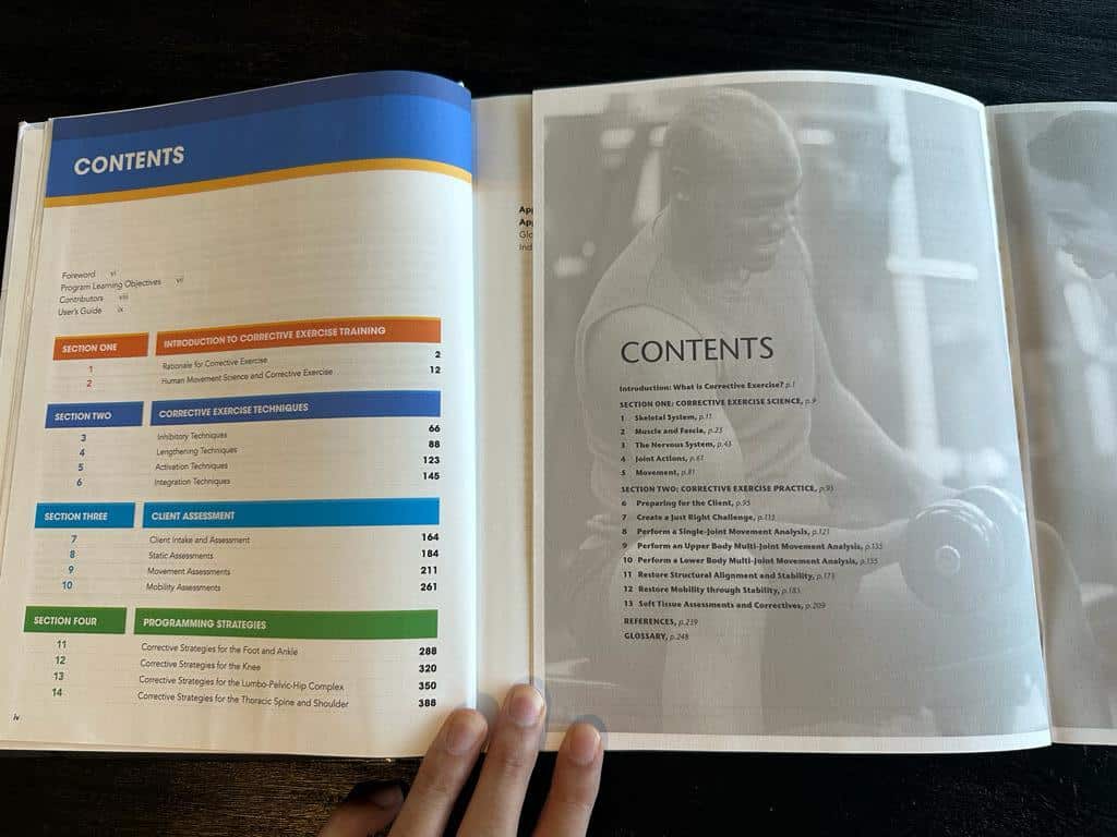 Best corrective exercise certification guide (Updated) 43 best CES course layout - NASM and ISSA course contents. Textbooks open to each table of contents.