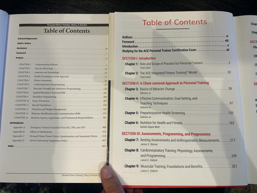 AFAA and ACE - textbooks laid out to table of contents 