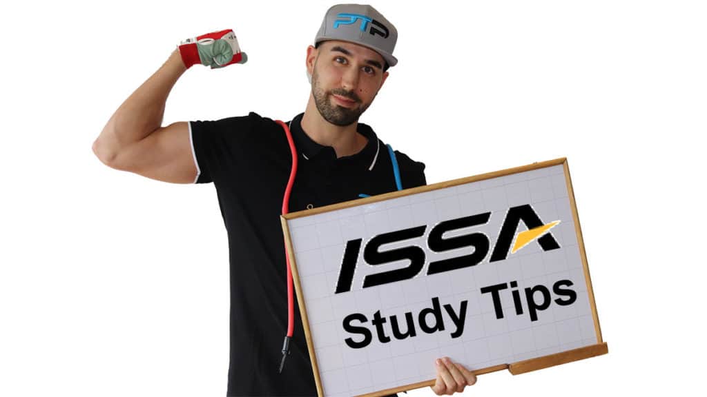 Free ISSA CPT Study Guide (all 31 units) 7 ISSA Study Tips - Tyler Read flexes his arm while displaying a board that says ISSA study tips