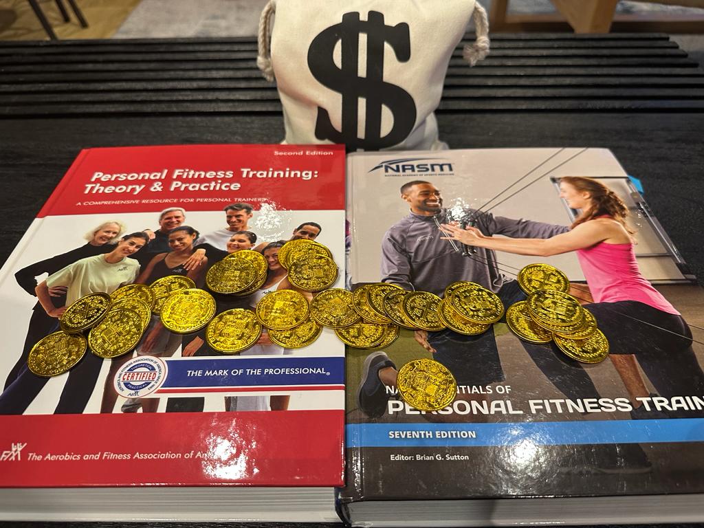 AFAA vs NASM - textbooks with gold coins and money bag - which costs more, afaa or nasm?