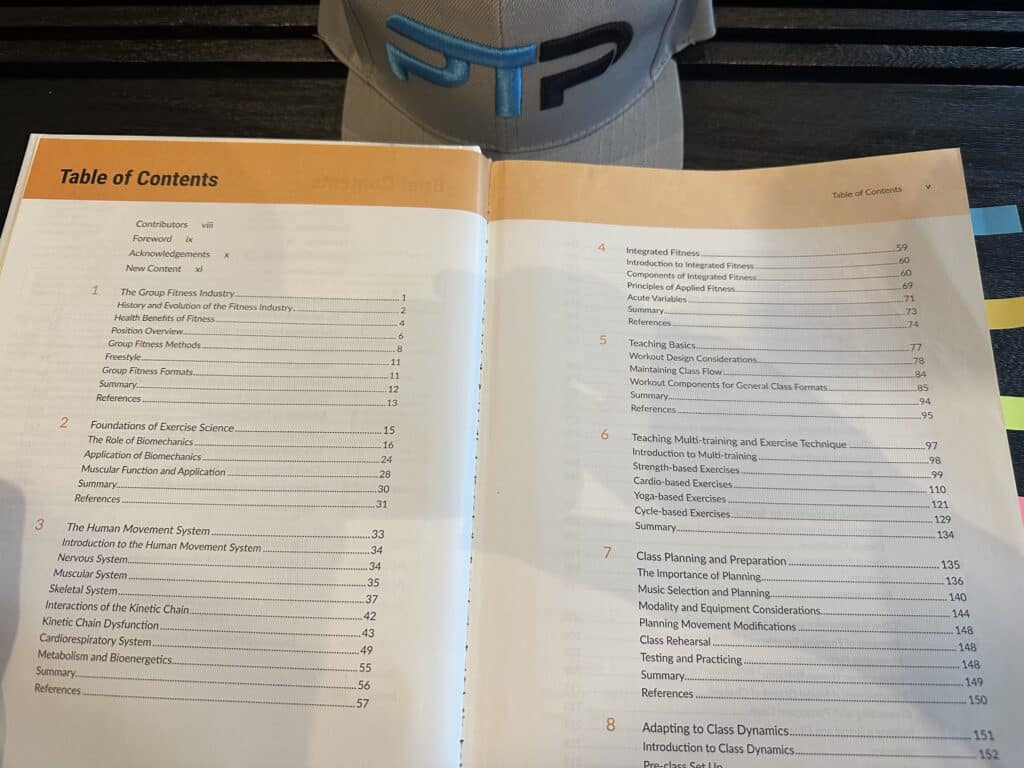 AFAA Group Fitness Instructor Certification Review 20 AFAA Group Fitness Instructor Certification review - content coverage. AFAA textbook open to table of contents.