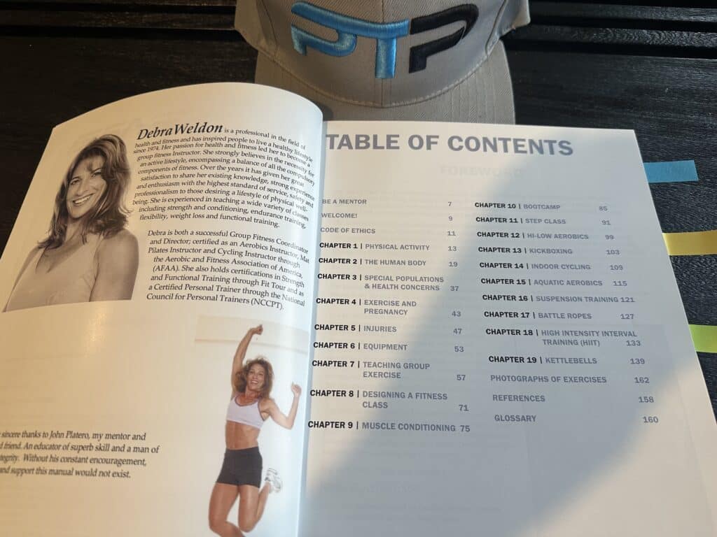ISSA Group Exercise Instructor Certification Review 20 ISSA GEI certification course layout - ISSA group exercise instructor textbook open to table of contents