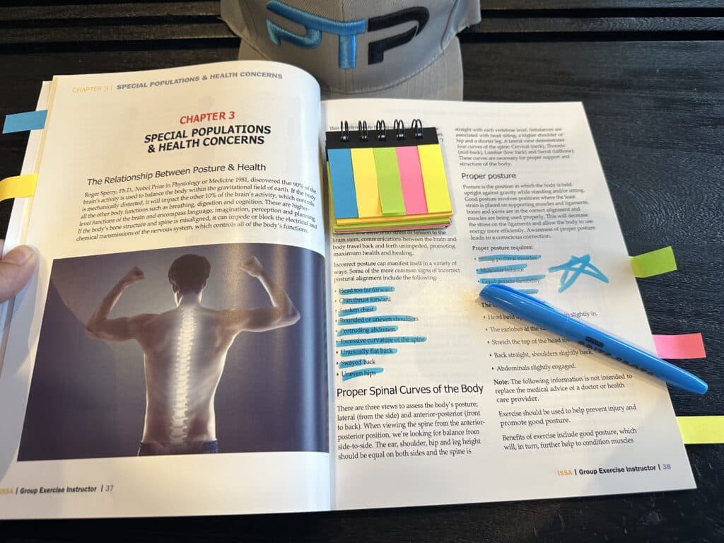 ISSA Group Exercise Instructor Certification Review 21 ISSA Group Exercise Instructor Certification exam prep and study materials - ISSA textbook open to study for ISSA GEI exam