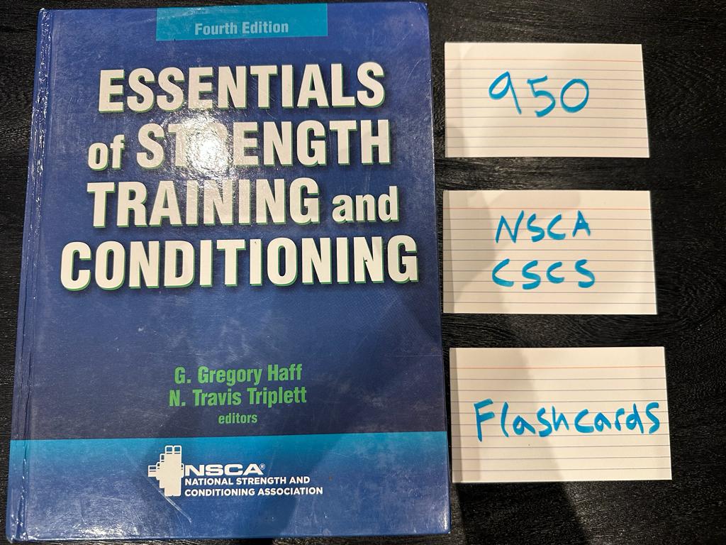 Free NSCA CSCS Flashcards - Over 950 cards 3 FREE NSCA CSCS Flashcards - over 950 Flashcards - NSCA CSCS textbook on table next to CSCS flashcards