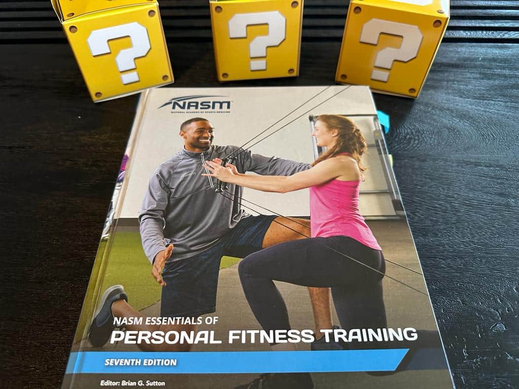 Updated: How to pick the best personal trainer certification 45 NASM CPT - Best Personal Trainer Certification programs - NASM textbook with yellow question mark boxes