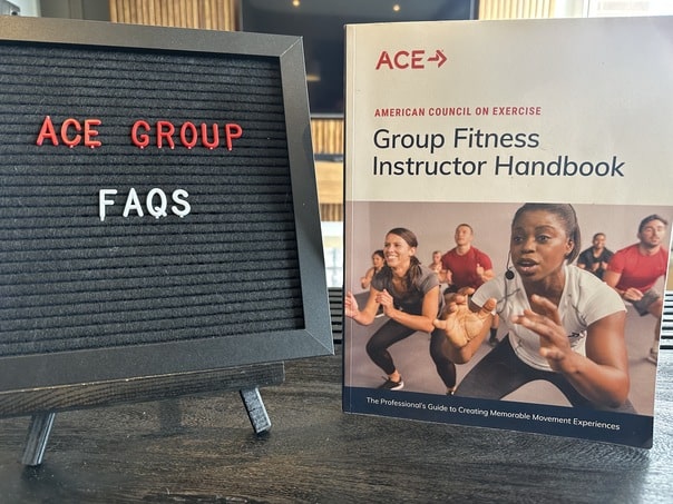 The Ultimate ACE Group Fitness Instructor Review 20 ace group exercise instructor review - ACE FAQs - ace textbook next to blackboard with frequently asked questions