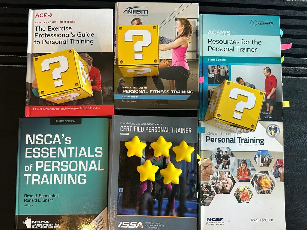 Updated: How to pick the best personal trainer certification 59 Best Personal Trainer Certification programs - CPT textbooks for ACE, NASM, ACSM, NSCA, ISSA, and NCSF laid out on table with yellow stars and questions marks - which is the best personal training program?