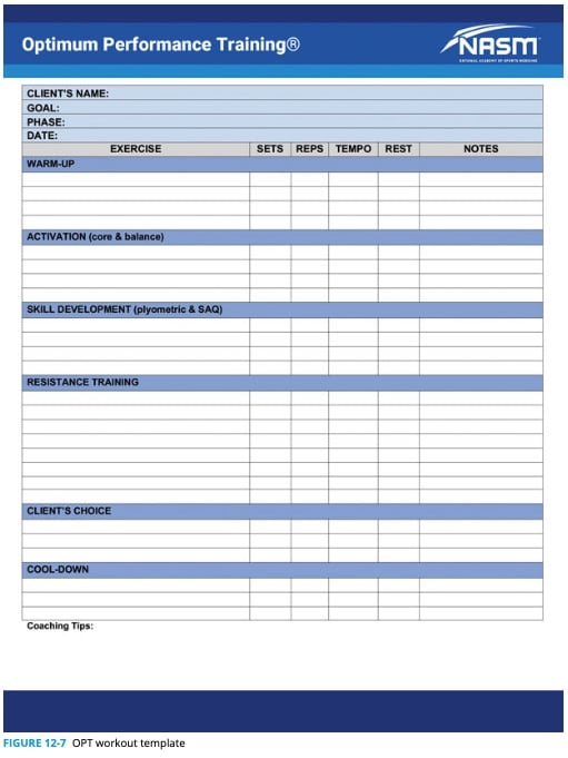 NASM OPT Model workout template with complete steps for an OPT training program