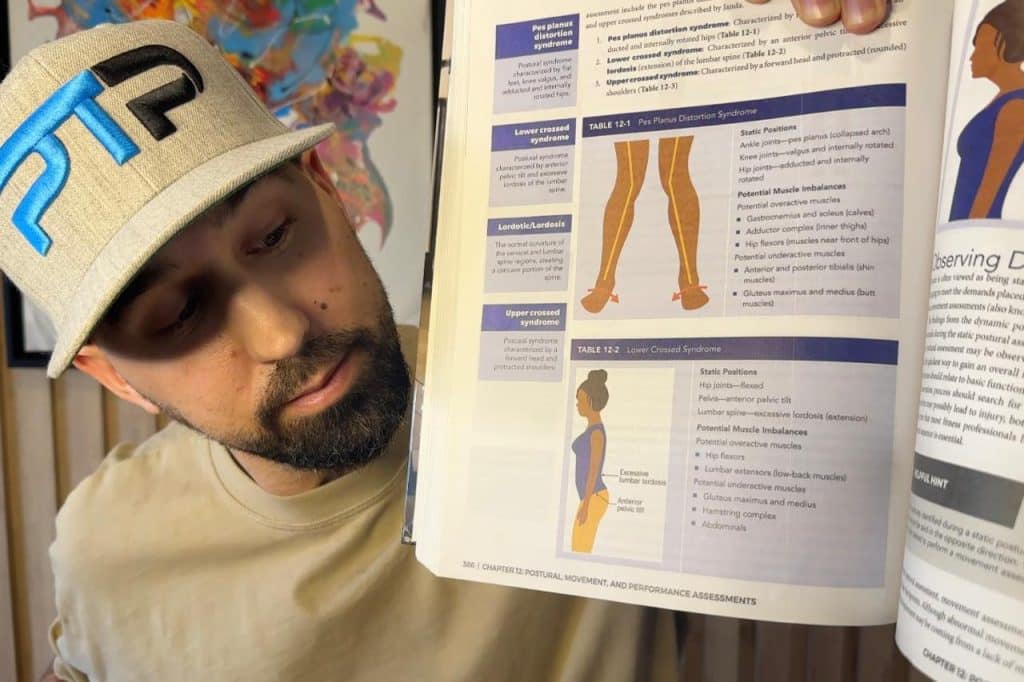 Tyler Read holds up the NASM textbook showing lower crossed syndrome