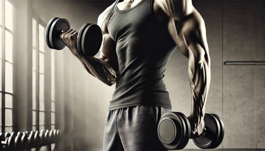 an exerciser doing a biceps curl, illustrating the concept of reciprocal inhibition