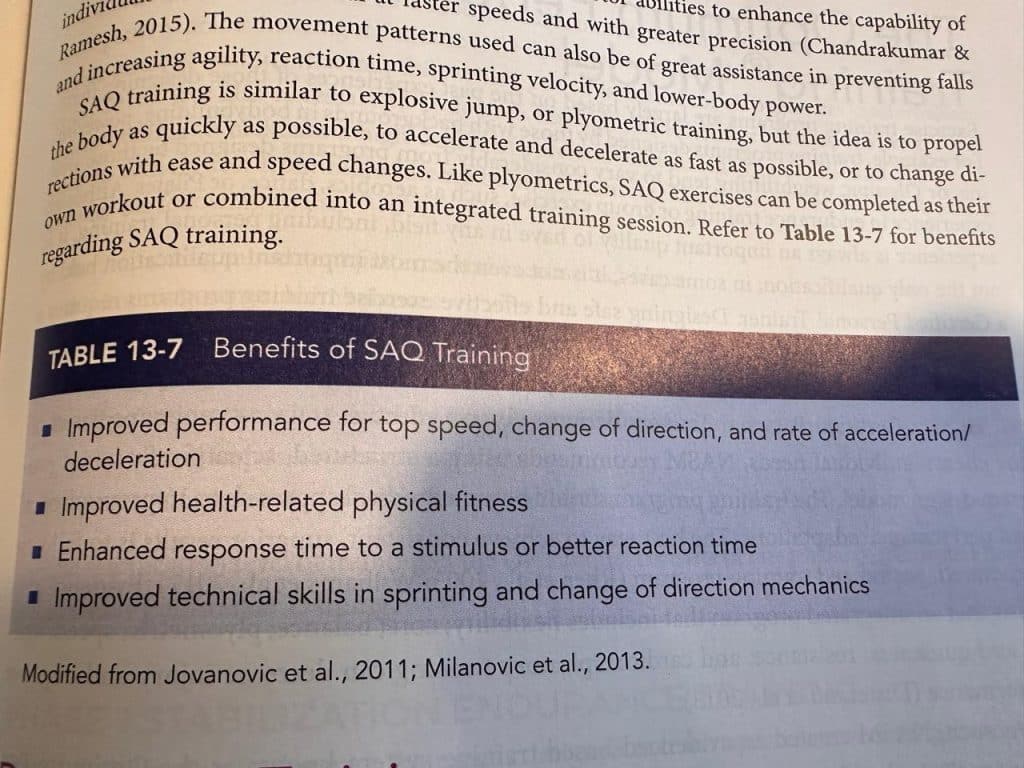 SAQ Training benefits page from NASM textbook