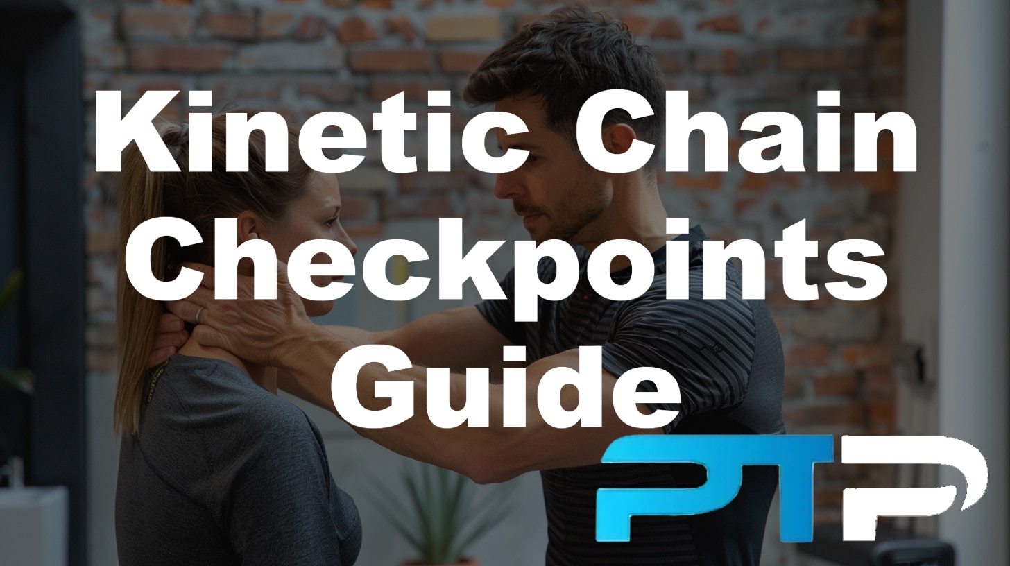 kinetic chain checkpoints guide showing a trainer adjust a client during a postural assessment
