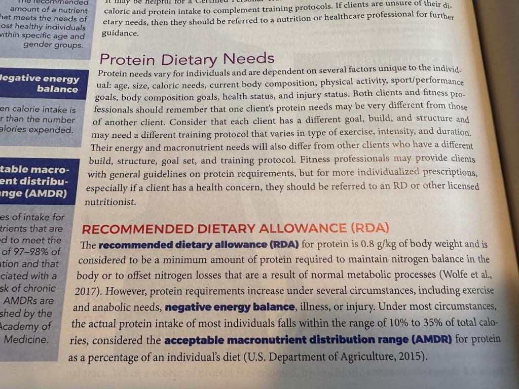 NASM protein textbook page discussing recommended dietary allowance 