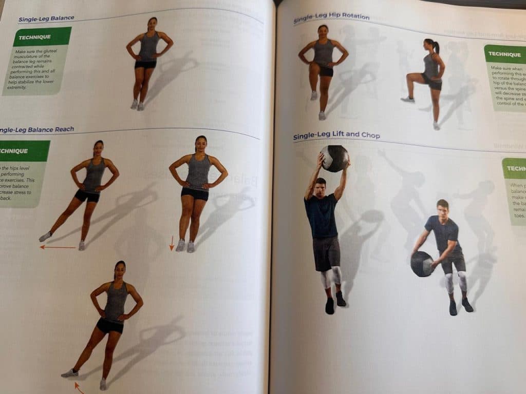 NASM textbook showing single leg balance, single-leg hip rotation, and single-leg lift and chop
