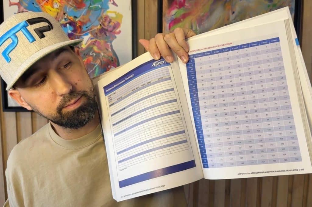 Tyler Read holds up NASM 1 repetition max conversion chart.